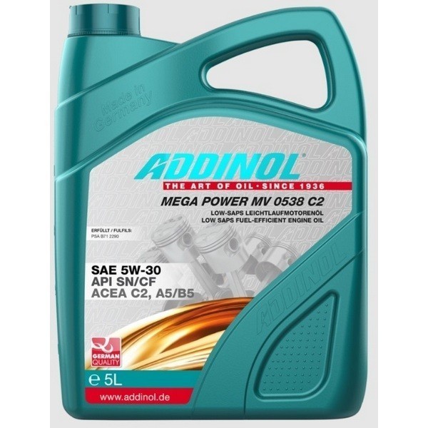 ADDINOL Mega Power 5W-30 MV C2 A5/B5 SN/CF Масло моторное (5л) 4014766241252