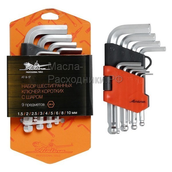 Набор шестигранных ключей коротких с шаром 9 предметов, пластиковый подвес AIRLINE AT917