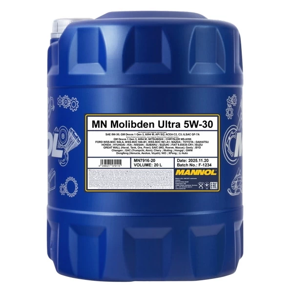 MANNOL 7916 масло моторное Molibden Ultra 5W-30 SQ ILSAC GF-7A (20л) 791620