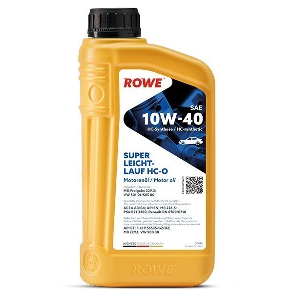 Масло моторное ROWE HIGHTEC SUPER LEICHTLAUF SAE 10W-40 HC-O, A3/B4 SL/CF,501 01/505 00, 229.1, 1л